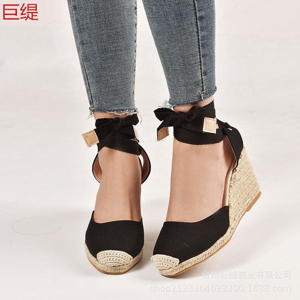 rope wedge heel sandals cross with denim lace shoes casual fisherman female, Black