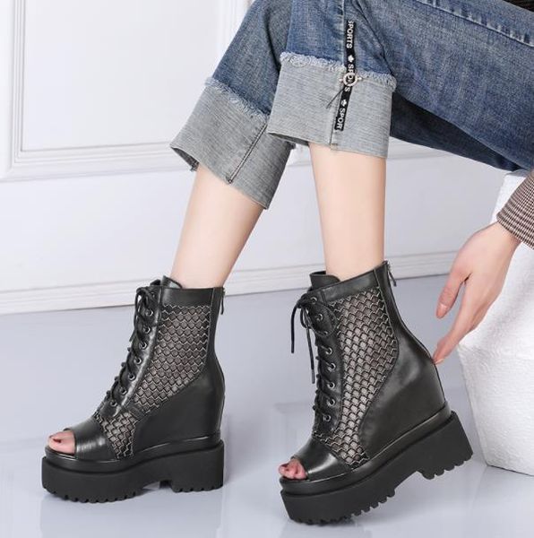 dress shoes 12cm high-heeled boots mesh roman sandals female leather hollow inner increase summer fish mouth wedge, Black
dress shoes 12cm high-heeled boots mesh roman sandals female leather hollow inner increase summer fish mouth wedge, Black