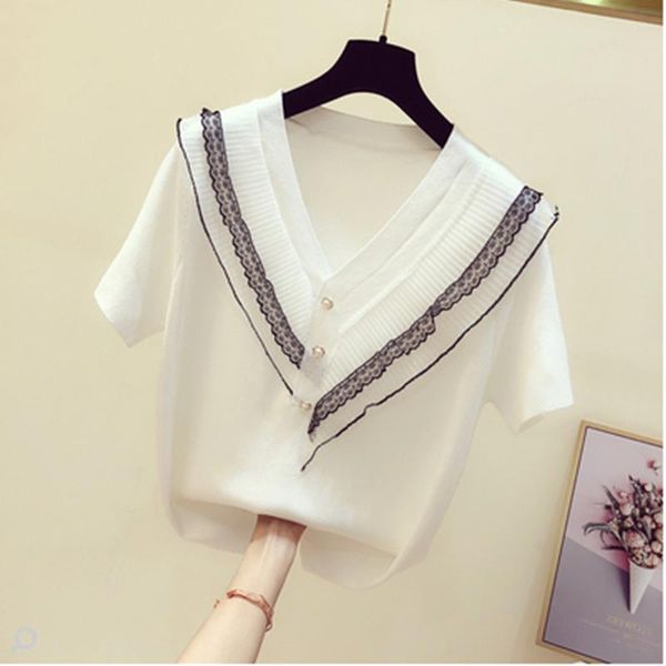women's t-shirt lace ruffles patchwork knitted women t-shirts summer 2021 v-neck short-sleeved slim elegant office lady pulls tees, White
women's t-shirt lace ruffles patchwork knitted women t-shirts summer 2021 v-neck short-sleeved slim elegant office lady pulls tees, White