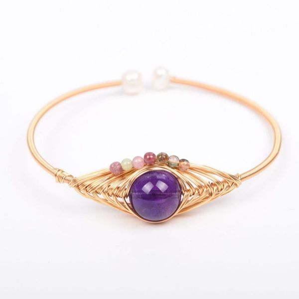 light yellow gold color wire wrap amethysts stone bead open bangle attractive design jewelry, Black
light yellow gold color wire wrap amethysts stone bead open bangle attractive design jewelry, Black