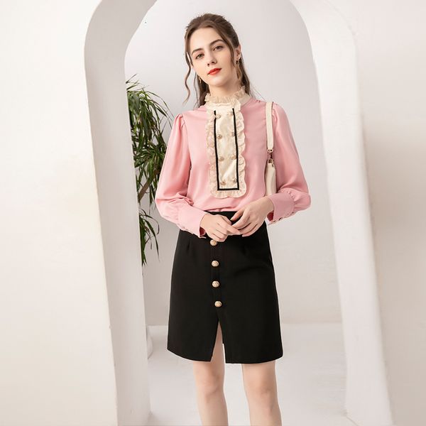 elegant female fashion double-breasted ruffled shirts + black half skirt office 2021 spring set pieces
elegant female fashion double-breasted ruffled shirts + black half skirt office 2021 spring set pieces