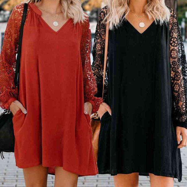 boho women black red lace dress elegant long sleeve v neck ladies summer es casual loose mini vestidos 210603, Black;gray
boho women black red lace dress elegant long sleeve v neck ladies summer es casual loose mini vestidos 210603, Black;gray