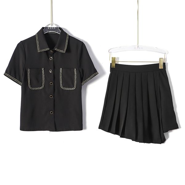 black white solid short sleeve shirt turn down collar single-breasted mini pleated skirt two piece set summer t0420 210514
black white solid short sleeve shirt turn down collar single-breasted mini pleated skirt two piece set summer t0420 210514
