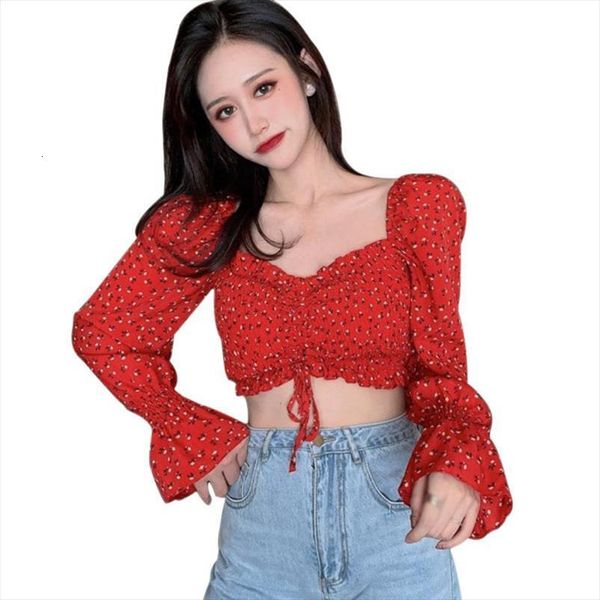 retro korean square neck women blouses floral umbilical strap long sleeve shirt clavicle exposed, White
retro korean square neck women blouses floral umbilical strap long sleeve shirt clavicle exposed, White