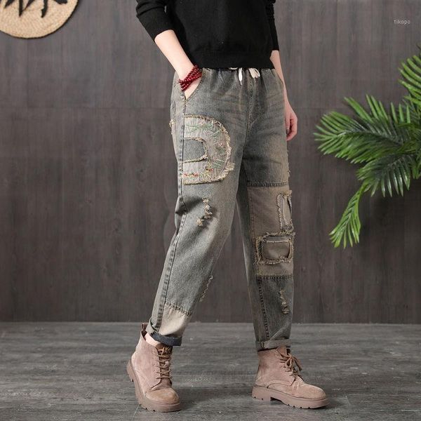 women's jeans arrival spring style women loose casual elastic waist cotton denim harem pants patchwork ripped a1061, Blue
women's jeans arrival spring style women loose casual elastic waist cotton denim harem pants patchwork ripped a1061, Blue
