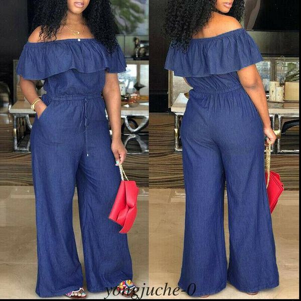 plus size casual off shoulder women rompers ruffles loose jeans denim overalls trousers pants, Black;white
plus size casual off shoulder women rompers ruffles loose jeans denim overalls trousers pants, Black;white
