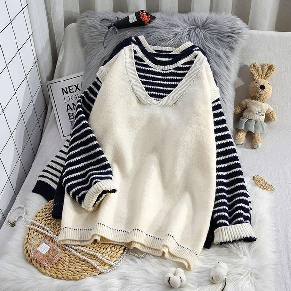 women's sweaters preppy style 2 pieces knitting women sweater and pullovers striped loose casual female all match pulls outwear, White;black
women's sweaters preppy style 2 pieces knitting women sweater and pullovers striped loose casual female all match pulls outwear, White;black