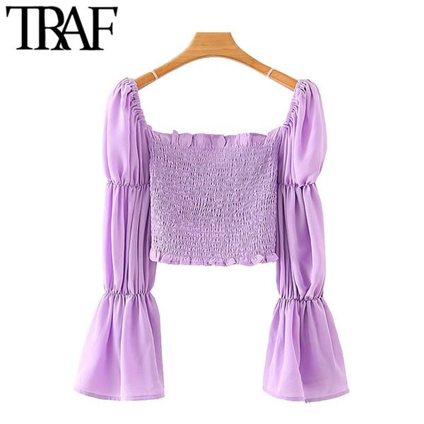 women fashion elastic smocked ruffled cropped blouses vintage square collar long sleeve female shirts chic 210507, White
women fashion elastic smocked ruffled cropped blouses vintage square collar long sleeve female shirts chic 210507, White