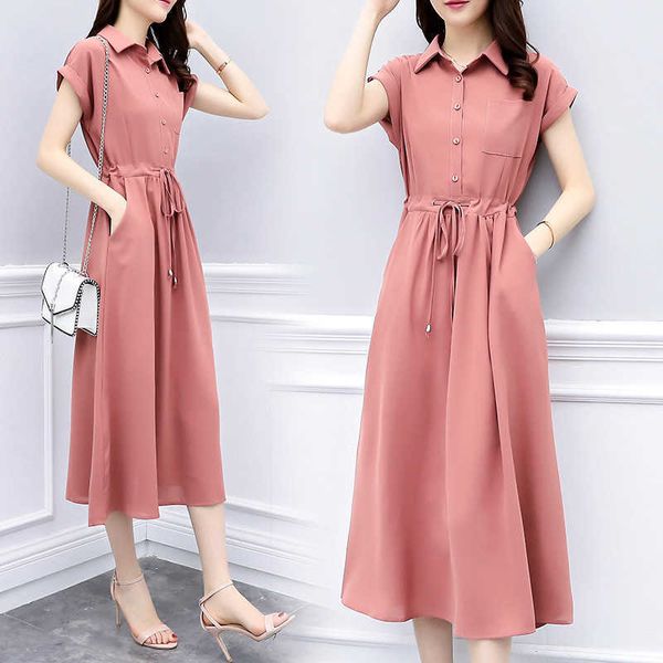 2021 women's drs fashion temperament pink shirt collar summer waist show thin korean long skirt, Black;gray
2021 women's drs fashion temperament pink shirt collar summer waist show thin korean long skirt, Black;gray