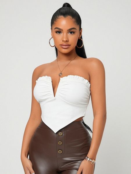 sxy ruched ruffle trim backless n7dg#, White