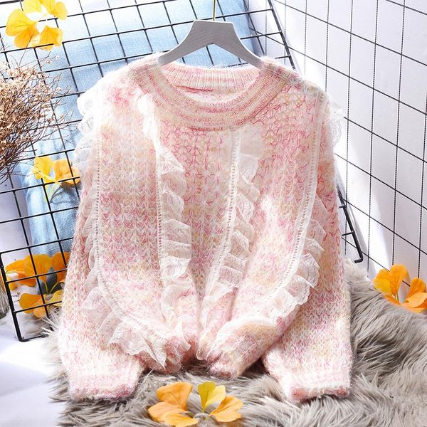 women's sweaters women and pullovers lace stitching round neck sweet korea style 2021 autumn female knitted jersey mujer chic, White;black
women's sweaters women and pullovers lace stitching round neck sweet korea style 2021 autumn female knitted jersey mujer chic, White;black