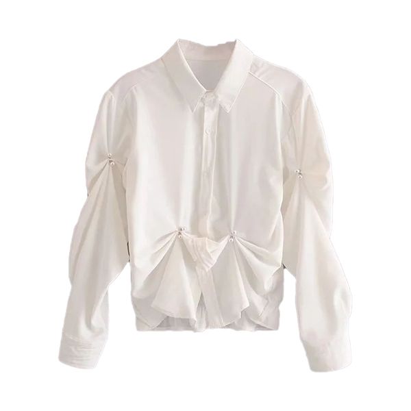 women blouse shirt faux pearl button pleated long sleeves irregular hem collared femme mujer 210420, White
women blouse shirt faux pearl button pleated long sleeves irregular hem collared femme mujer 210420, White