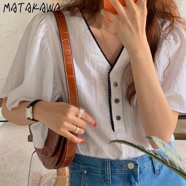 women's blouses & shirts matakawa short sleeve women vintage v-neck lace stitching ladies shirt contrast color three-button loose fraue, White
women's blouses & shirts matakawa short sleeve women vintage v-neck lace stitching ladies shirt contrast color three-button loose fraue, White