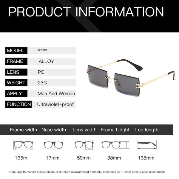 luxury designer sunglasses fashion rectangle women 2021 brand designer rimless square sun glasses ladies gradient shades 0622, White;black
luxury designer sunglasses fashion rectangle women 2021 brand designer rimless square sun glasses ladies gradient shades 0622, White;black