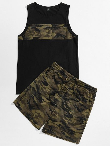 men camo panel tank & shorts set q9na#, Gray
