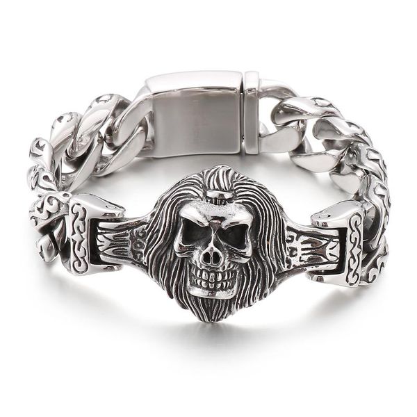 charm bracelets stainless steel long hair ghost head with cool cuban chain bracelet men, Golden;silver
charm bracelets stainless steel long hair ghost head with cool cuban chain bracelet men, Golden;silver