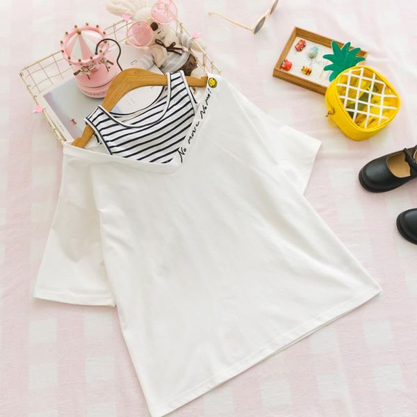 women's t-shirt 2021 letter embroidery cotton t shirts summer patchwork fake two pieces white striped shirt korean fashion sweet
women's t-shirt 2021 letter embroidery cotton t shirts summer patchwork fake two pieces white striped shirt korean fashion sweet