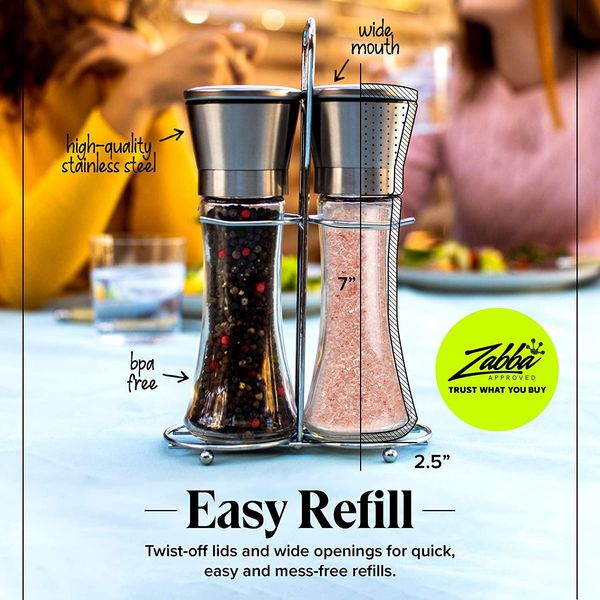 black peppercorn mill salt and pepper grinder with stand stainless steel set -tall shaker, adjustable coarseness, refillable -sea salt ld623
black peppercorn mill salt and pepper grinder with stand stainless steel set -tall shaker, adjustable coarseness, refillable -sea salt ld623