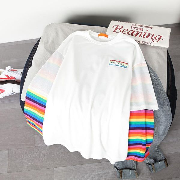 women's t-shirt cotton women 2021 spring and autumn long-sleeved bf wind loose wild fake two stitching rainbow sleeves shirt, White
women's t-shirt cotton women 2021 spring and autumn long-sleeved bf wind loose wild fake two stitching rainbow sleeves shirt, White