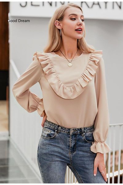 women's blouses & shirts simplee elegant ruffled o-neck women blouse shirt autumn puff sleeve solid female casual streetwear ladies, White
women's blouses & shirts simplee elegant ruffled o-neck women blouse shirt autumn puff sleeve solid female casual streetwear ladies, White