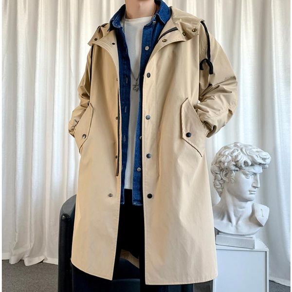 men's trench coats windbreaker jacket long oversize loose streetwear hooded vintage black high street casual male outerwear, Tan;black
men's trench coats windbreaker jacket long oversize loose streetwear hooded vintage black high street casual male outerwear, Tan;black