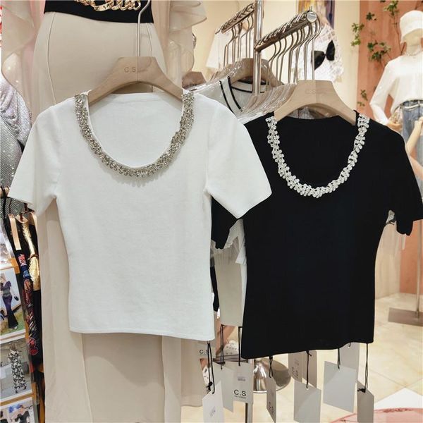 women's t-shirt diamond beaded round neck stretch knitted t shirt for women slim fit short sleeve 2021 summer crop white black
women's t-shirt diamond beaded round neck stretch knitted t shirt for women slim fit short sleeve 2021 summer crop white black