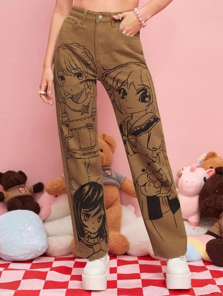 romwe figure graphic straight leg jeans c8ba#, Blue