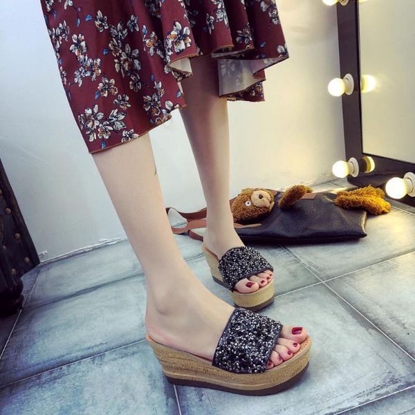dress shoes summer women's sandals mid-heeled wedges platform fashion sequins shallow mouth slippers women heighten, Black
dress shoes summer women's sandals mid-heeled wedges platform fashion sequins shallow mouth slippers women heighten, Black