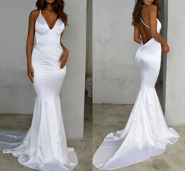 2022 bridal gown mermaid wedding dresses v neck sweep train satin spaghetti strap simple backless vestido de noiva robe de mariage, White
2022 bridal gown mermaid wedding dresses v neck sweep train satin spaghetti strap simple backless vestido de noiva robe de mariage, White