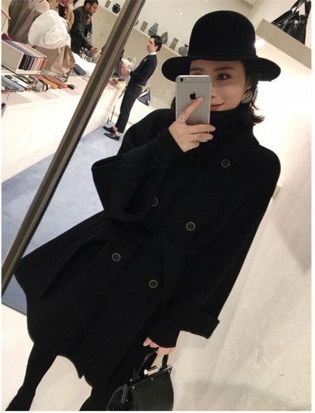 women's wool & blends autumn korean handmade short cashmere jacket double-breasted double-sided coat loose casual lacing belt, Black
women's wool & blends autumn korean handmade short cashmere jacket double-breasted double-sided coat loose casual lacing belt, Black