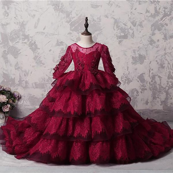 girl's dresses amazing multi-layer girls pageant gowns dark red lace long sleeves appliques beads flower girl for wedding train, Red;yellow
girl's dresses amazing multi-layer girls pageant gowns dark red lace long sleeves appliques beads flower girl for wedding train, Red;yellow