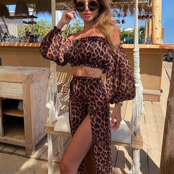 women's swimwear ladies beach overskirt set summer vacation women leopard print strapless puff sleeve crop + split skirt cover ups, White;black
women's swimwear ladies beach overskirt set summer vacation women leopard print strapless puff sleeve crop + split skirt cover ups, White;black