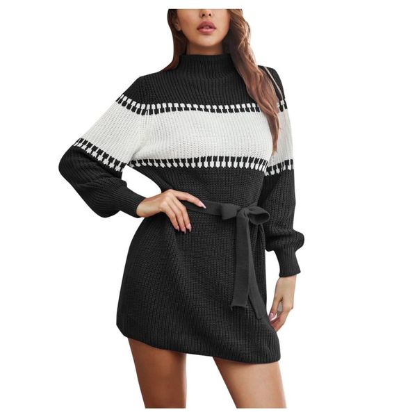 women's sweaters ladies fashion sweater dress knitted autumn half high neck lantern sleeve color block casual winter clothes #40, White;black 
women's sweaters ladies fashion sweater dress knitted autumn half high neck lantern sleeve color block casual winter clothes #40, White;black