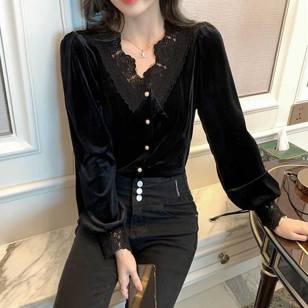 autumn and winter elegant v-neck small shirt black lace bottoming women long-sleeved gold velvet women's blouses & shirts, White
autumn and winter elegant v-neck small shirt black lace bottoming women long-sleeved gold velvet women's blouses & shirts, White