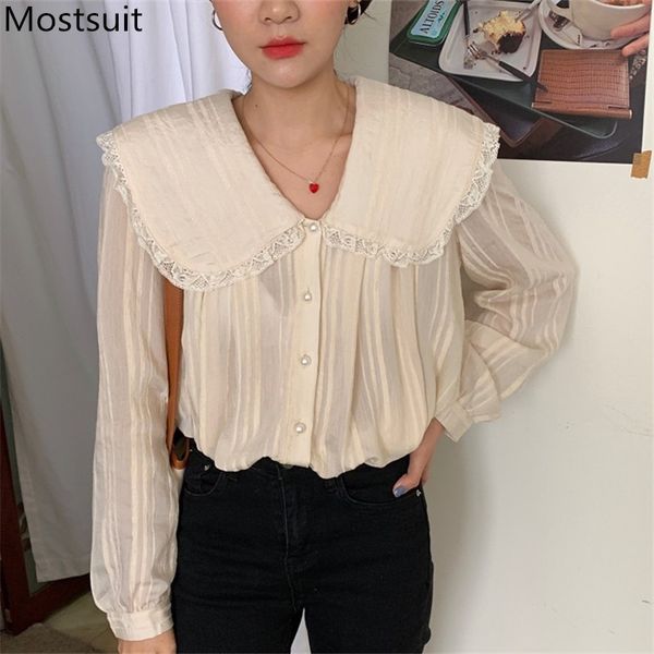 sweet korean vintage women blouses shirts full sleeve peter pan collar pearl buttons elegant fashion ladies blusas 210514, White
sweet korean vintage women blouses shirts full sleeve peter pan collar pearl buttons elegant fashion ladies blusas 210514, White