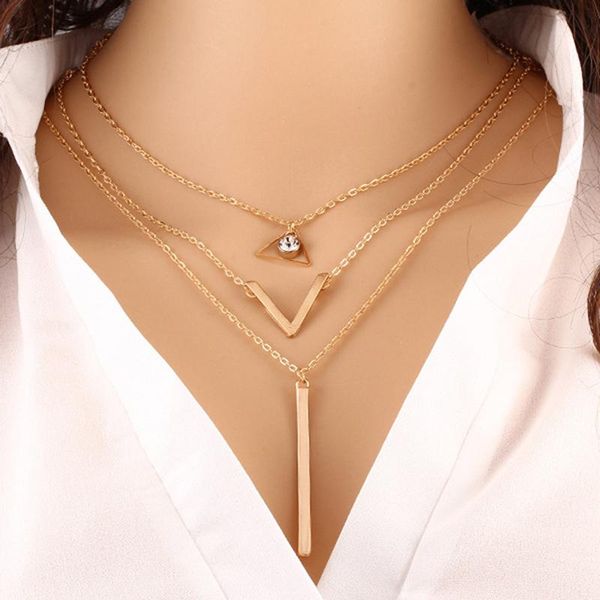 

chokers necklace women leaves triangle bar round statement necklaces pendants multilayer vintage jewelry choker, Golden;silver