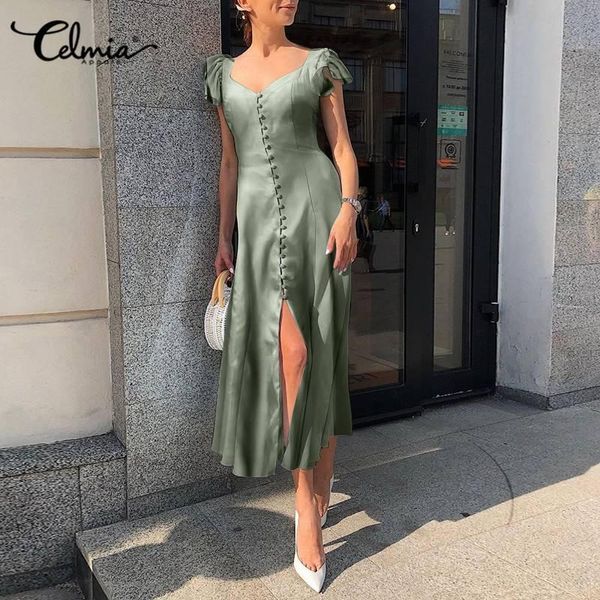 party dresses celmia single breasted split hem maxi dress women v-neck satin vestidos ruffled short sleeve 2021 summer elegant robe, White;black
party dresses celmia single breasted split hem maxi dress women v-neck satin vestidos ruffled short sleeve 2021 summer elegant robe, White;black