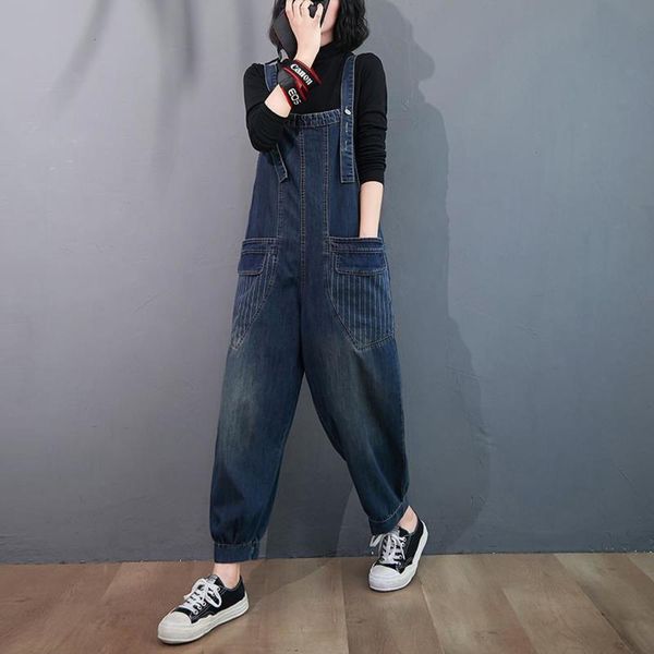 striped pasted denim suspenders autumn version large loose pants show thin high waist conjoined, Blue
striped pasted denim suspenders autumn version large loose pants show thin high waist conjoined, Blue