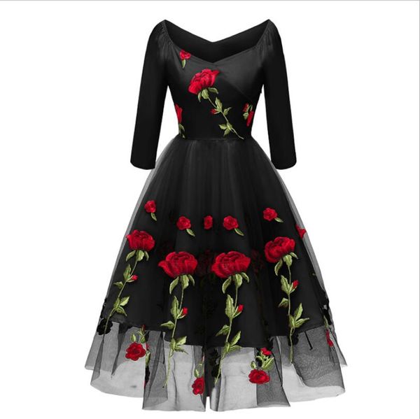 women's dress fashion v collar 3/4 sleeve rose embroidered mesh dresses vestidos mujer robe de soirée femme w160, Black
women's dress fashion v collar 3/4 sleeve rose embroidered mesh dresses vestidos mujer robe de soirée femme w160, Black