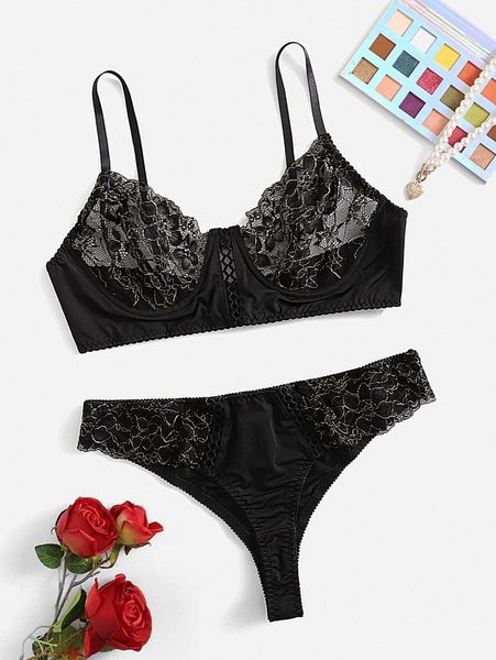 plus contrast lace underwire lingerie set j3vn#, Black;white