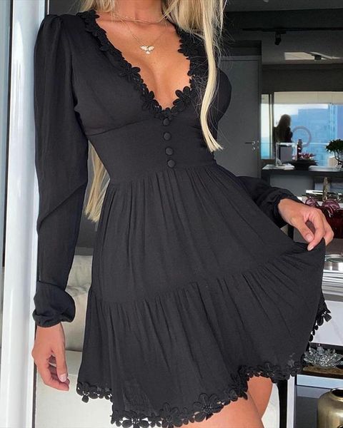 autumn fashion elegant casual womens dress v neck buttoned sweet mini solid long sleeve lace skinny waist, Black;gray
autumn fashion elegant casual womens dress v neck buttoned sweet mini solid long sleeve lace skinny waist, Black;gray