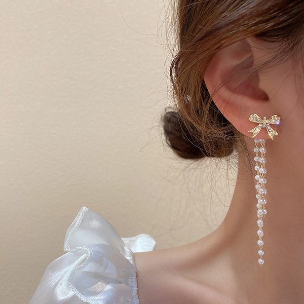 925 silver needle diamond pearl bow tassel earrings french style fairy earrings mori fashion earrings, Golden;silver
925 silver needle diamond pearl bow tassel earrings french style fairy earrings mori fashion earrings, Golden;silver