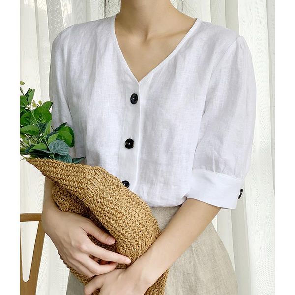 women's blouses & shirts vintage linen women v-neck half sleeve button up camisas mujer mzybsa1416t, White
women's blouses & shirts vintage linen women v-neck half sleeve button up camisas mujer mzybsa1416t, White