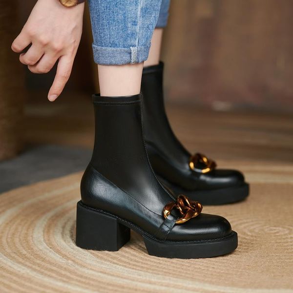 boots 2021 winter women shoes round toe women's chunky solid leather slip short modern stretch, Black
boots 2021 winter women shoes round toe women's chunky solid leather slip short modern stretch, Black
