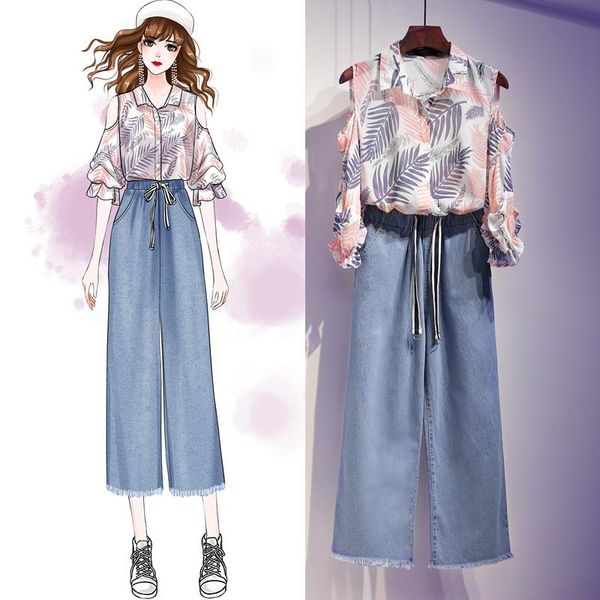 women's tracksuits summer short sleeve chiffon blouse & denim cowboy wide-legged pants suit women big size outfit floral print trousers, Gray
women's tracksuits summer short sleeve chiffon blouse & denim cowboy wide-legged pants suit women big size outfit floral print trousers, Gray