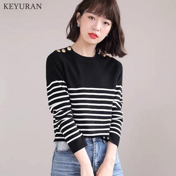 women's sweaters shoulder buckle striped base knitted sweater women long sleeve loose round neck knitwear casual jumpers female 2021 au, White;black
women's sweaters shoulder buckle striped base knitted sweater women long sleeve loose round neck knitwear casual jumpers female 2021 au, White;black
