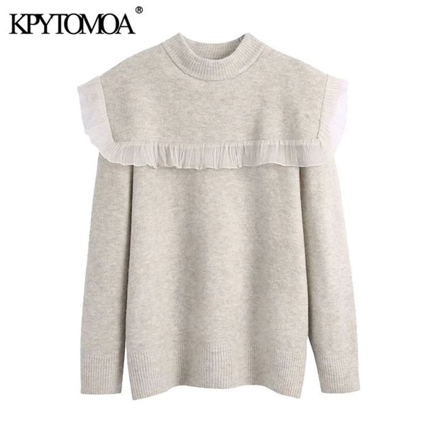 women fashion patchwork organza ruffled knitted sweater vintage o neck long sleeve female pullovers chic 210420, White;black
women fashion patchwork organza ruffled knitted sweater vintage o neck long sleeve female pullovers chic 210420, White;black