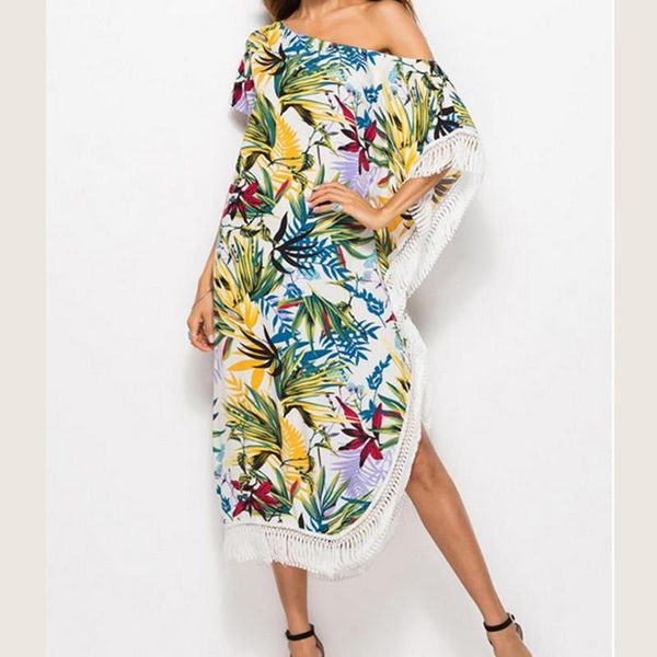 women one shoulder beach bikini cover up floral print tassel off long boho swimwear loose women's, White;black
women one shoulder beach bikini cover up floral print tassel off long boho swimwear loose women's, White;black
