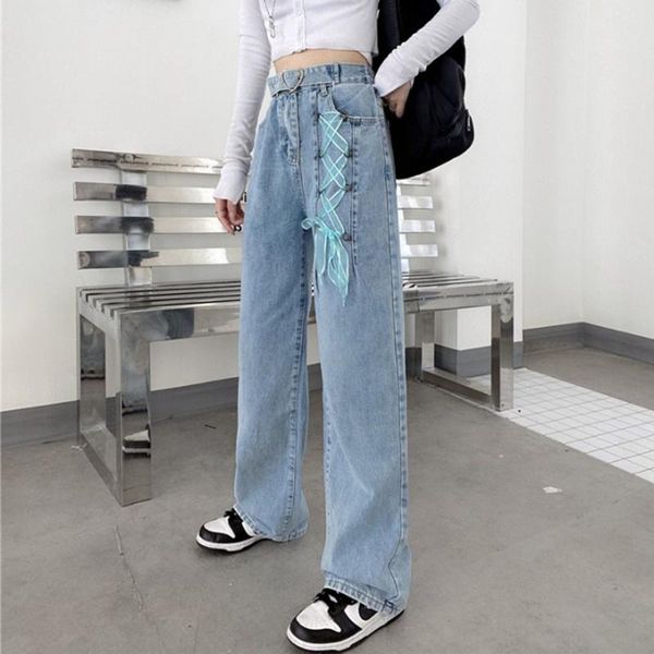 women's jeans sweet high waist women chic bandage straight denim pants kawaii streetwear loose trousers female wide leg with belt, Blue
women's jeans sweet high waist women chic bandage straight denim pants kawaii streetwear loose trousers female wide leg with belt, Blue