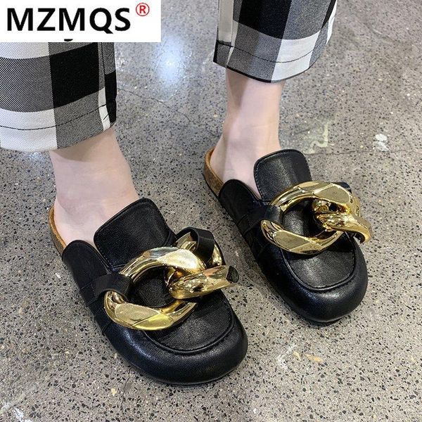 slippers women 2021 fashion big gold chain shoes round toe flat heel casual leather baotou for, Black